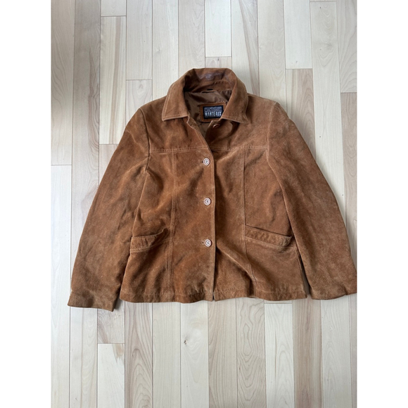 Vintage Suede Leather Jacket Brown Button Front Coat – 90s Minimal - Picture 2 of 9